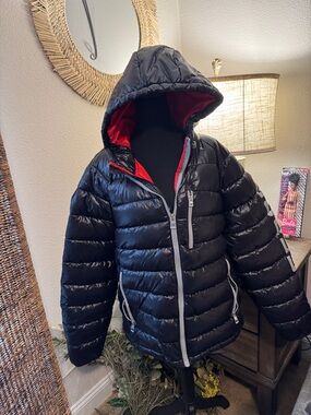Black Puffer Bomber Jacket with Red Lining - Hooded Winter Coat